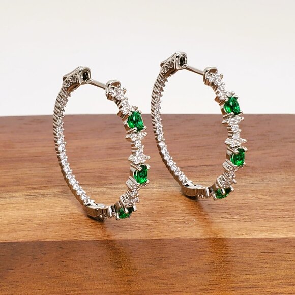 925 Sterling Silver Womens 1ct Diamond 2ct Green Emerald Gemstone Hoop Earrings - Picture 1 of 5